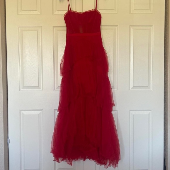 Betsy & Adam Red Ruffled Tiered Gown for Prom - Picture 4 of 8